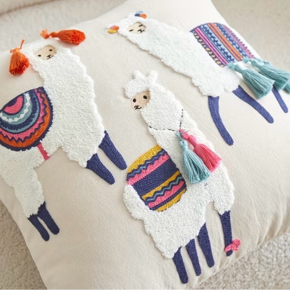 Colorful Llama Embroidered Throw Pillow Cover with Tassels